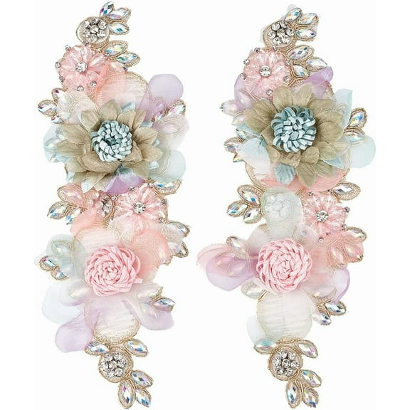 2 pc 2Pcs 3D Floral Embroidery Applique Pink Rhinestone Flower Appliques Polyester Crystal Sequin Lace Sew on Tulle Patch for Sewing Making Crafts Bridal Dress Wedding Costumes Accessories Supply