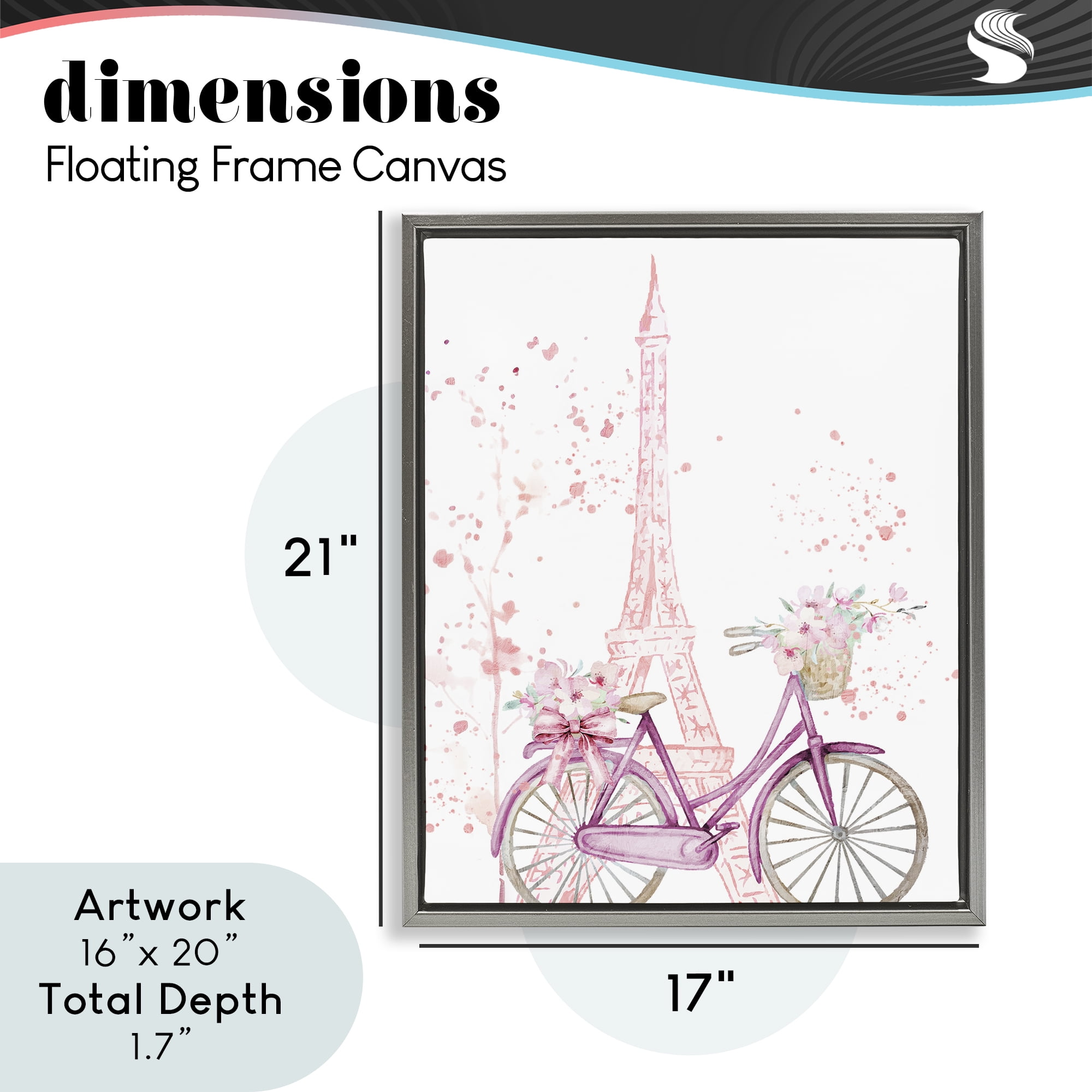 Parisian Bicycle & Modern Splatter Gray Framed Floater Canvas Wall Art, design by Kim Allen