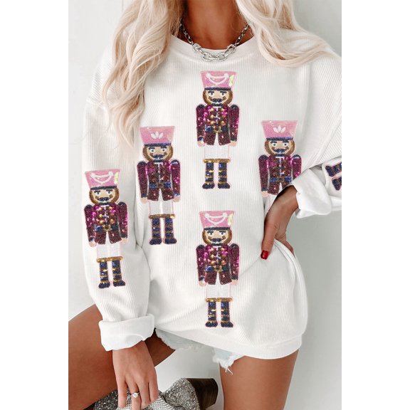 Casuashion Sparkling Nutcracker Graphic White Corded Sweatshirt - Christmas Chic!