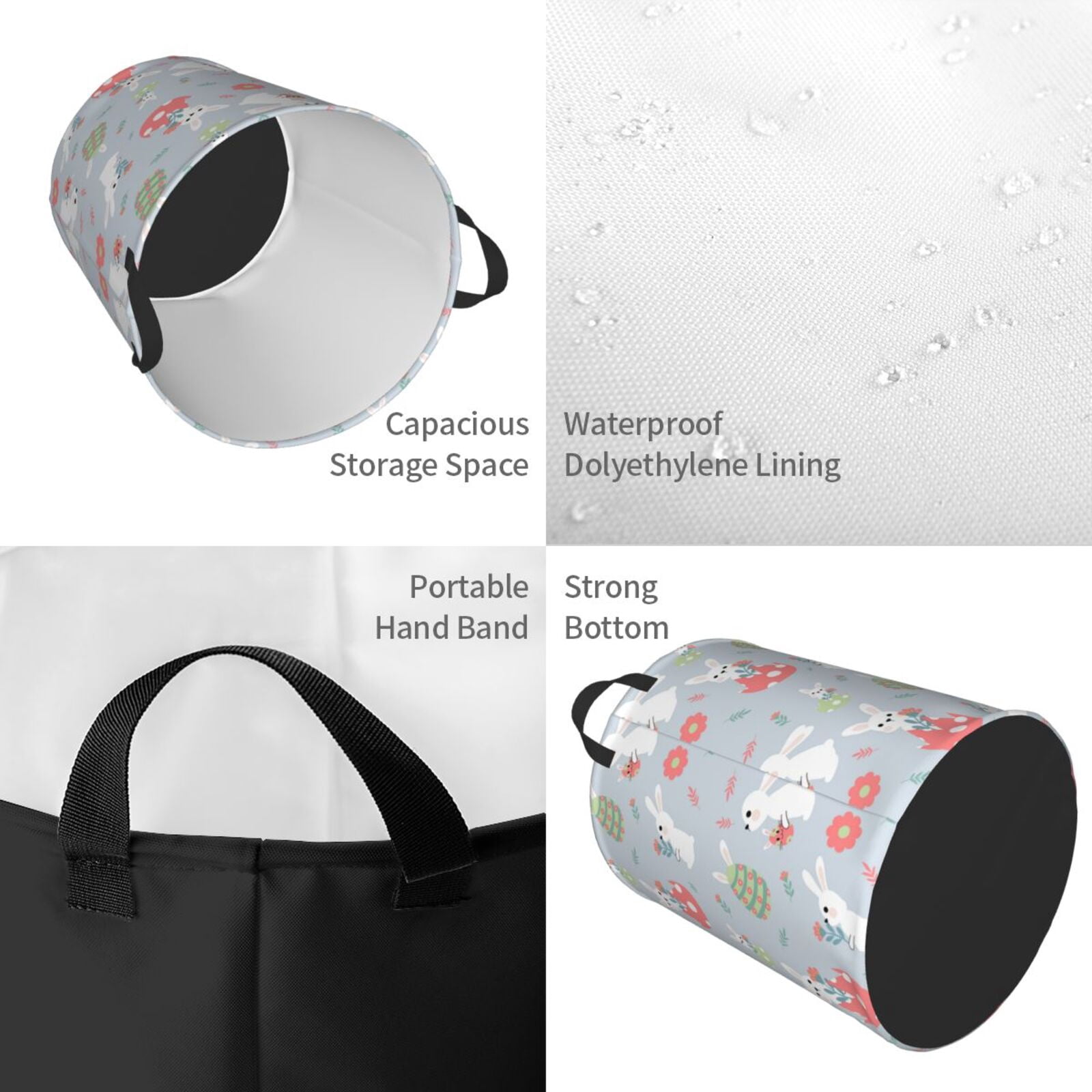 Gukieu Bunny cartoon with easter Print Round Dirty Clothes Bag, Waterproof Standing Home Bathroom Storage Basket Car Trunk Storage Bag-