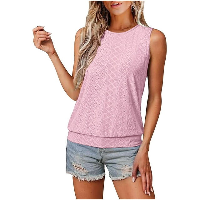 Débardeurs pour Femmes Broderie Anglaise Ample Décontracté Col Rond Sans Manches Hauts d'Été Bas Bandé Vêtements de Vacances Tendance