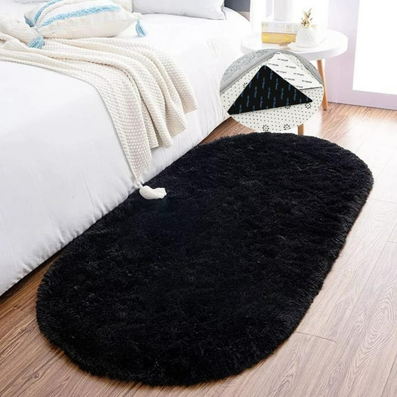 Modern Shaggy Rug Oval 24 x 63Inch Soft Plush Fluffy Black Small Carpet for Bedroom Living Room Kids Room Decor Floor Mat