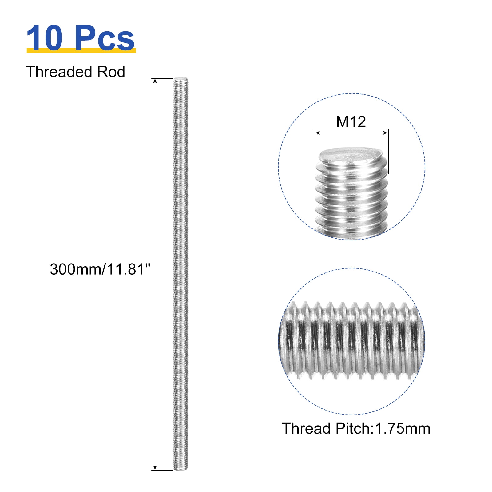 Uxcell 10Pack M12 x 300mm Fully Threaded Rod Right Hand Threads,1.75 Thread Pitch