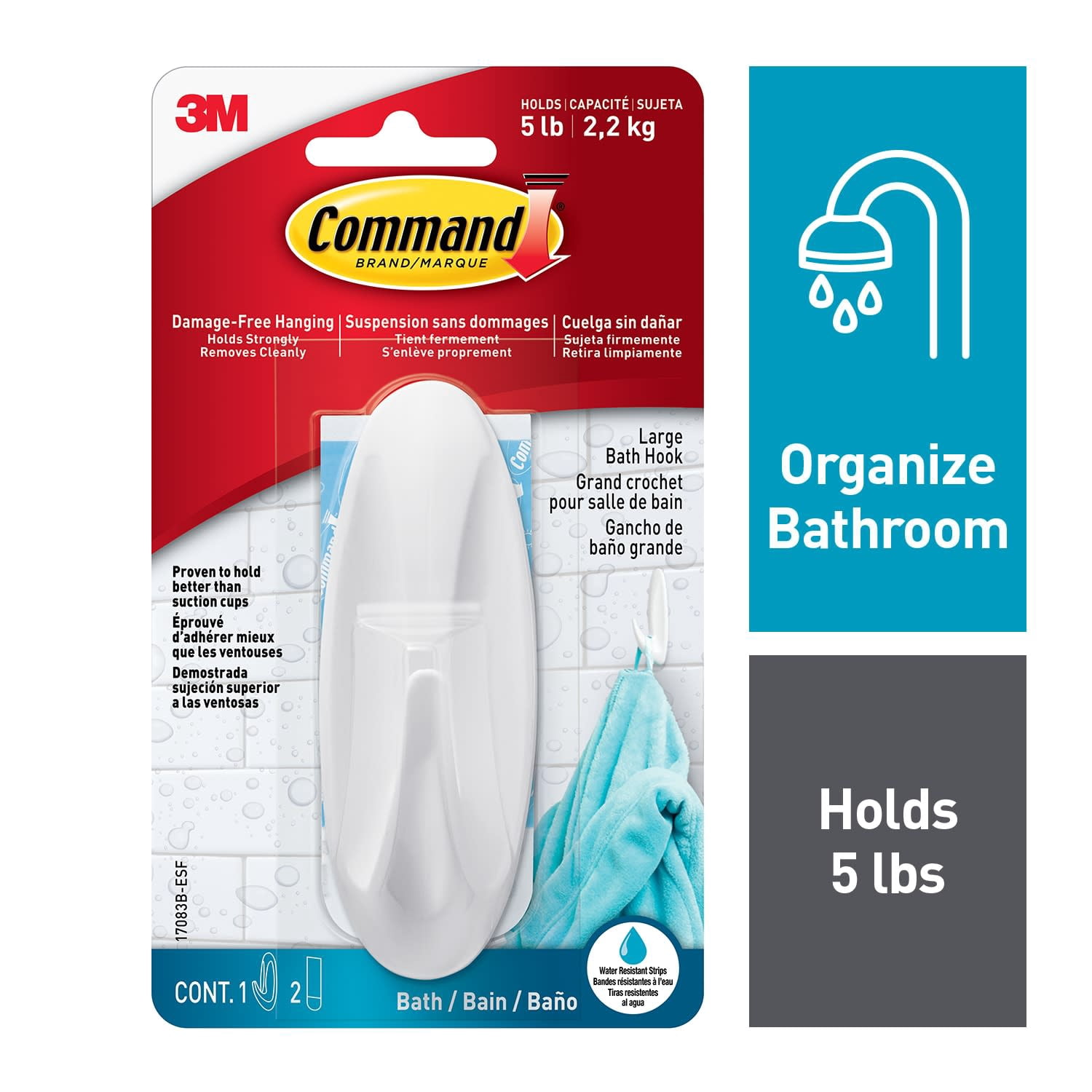 (3 pack) Command Designer Water Resistant Hooks, White, Large, 1 Wall Hook