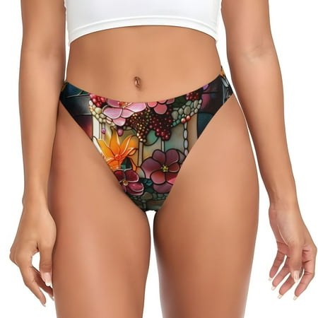 Qokaie Stained Glass Floral Cake Printed Women s Cotton Thong Underwear  Sexy Breathable Panties G-string-X-Large
