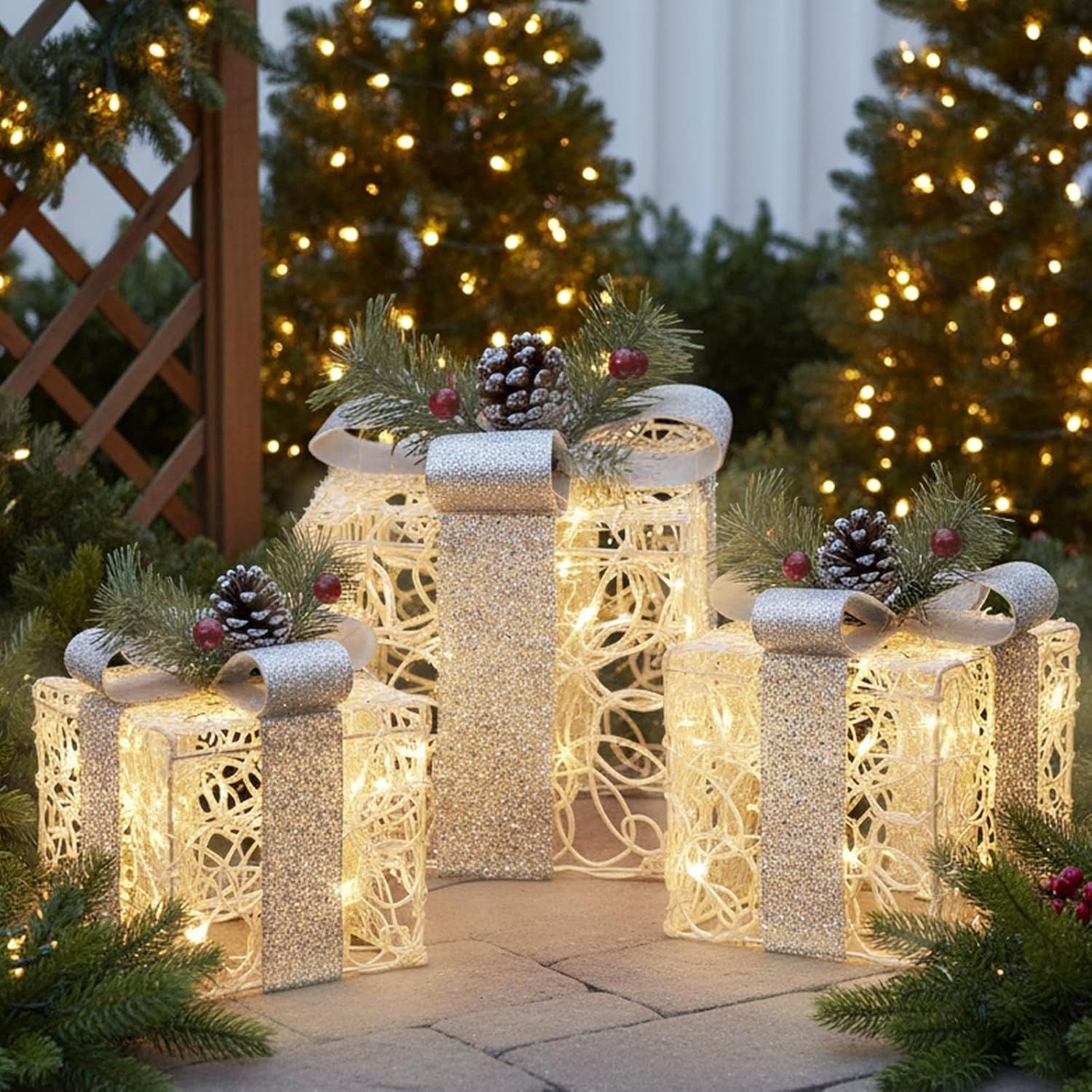 Christmas Decorations, Set of 3 Christmas Lighted Gift Boxes, 48 LED Light Up Present Boxes for Indoor Outdoor Party Yard Home Holiday Decorations (White and Silver)