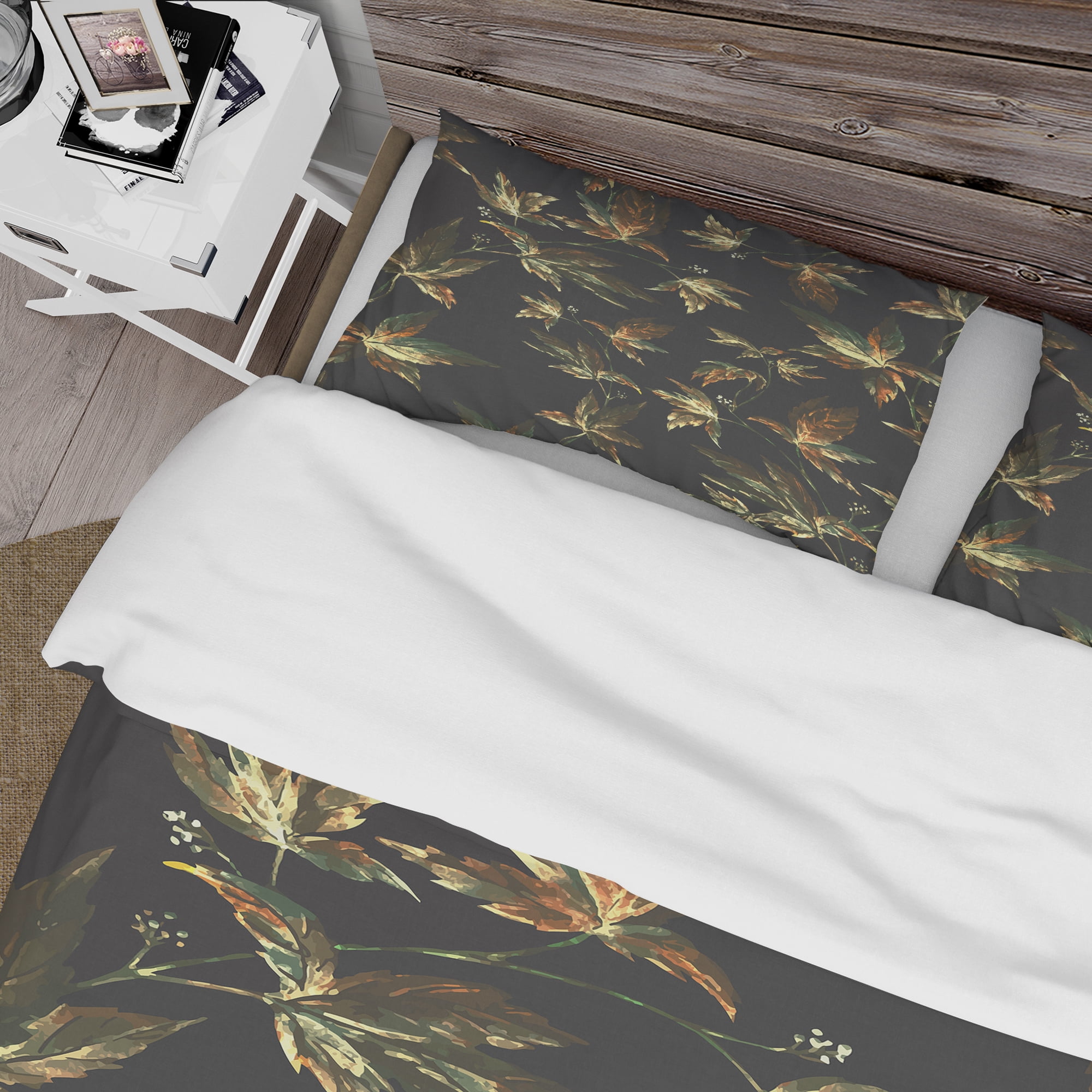 Designart 'Brown and Green Autumn leaves' Vintage Duvet Cover Set