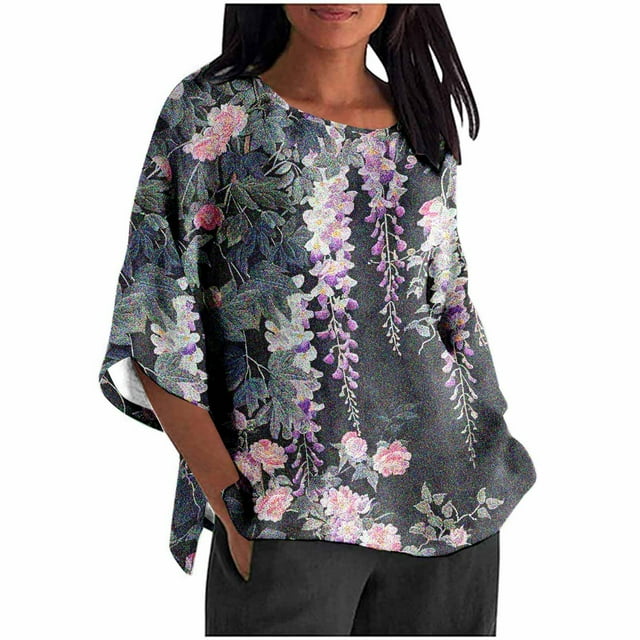 Tuniques pour Femmes Grande Taille, Mode Décontractée, Manches 3/4 Raccourcies, Imprimé, Chemise Ample, Blouse, Haut pour Femmes