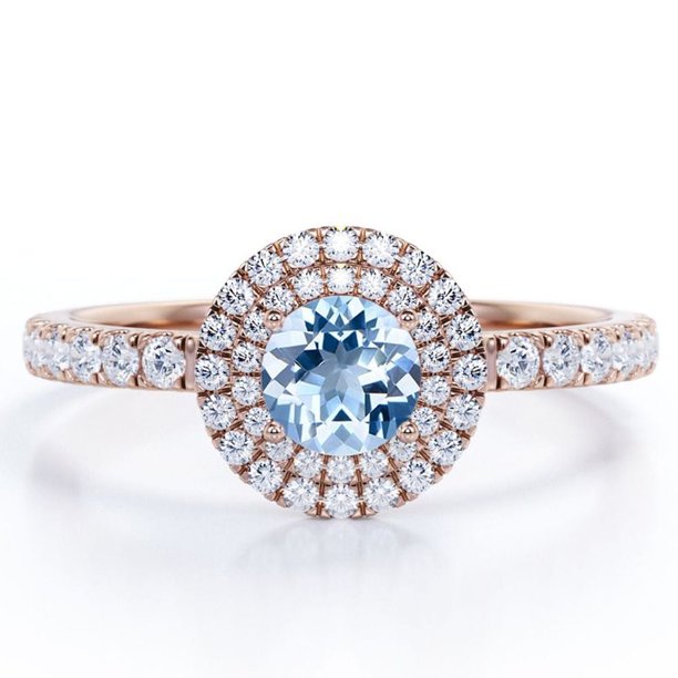 JeenMata Anillo de Compromiso con Diseño de Halo Doble de Aguamarina y Moissanita de Talla Brillante Redonda de 1 Quilate con Detalles Pavé en Baño de Oro Rosa de 18 K sobre Plata