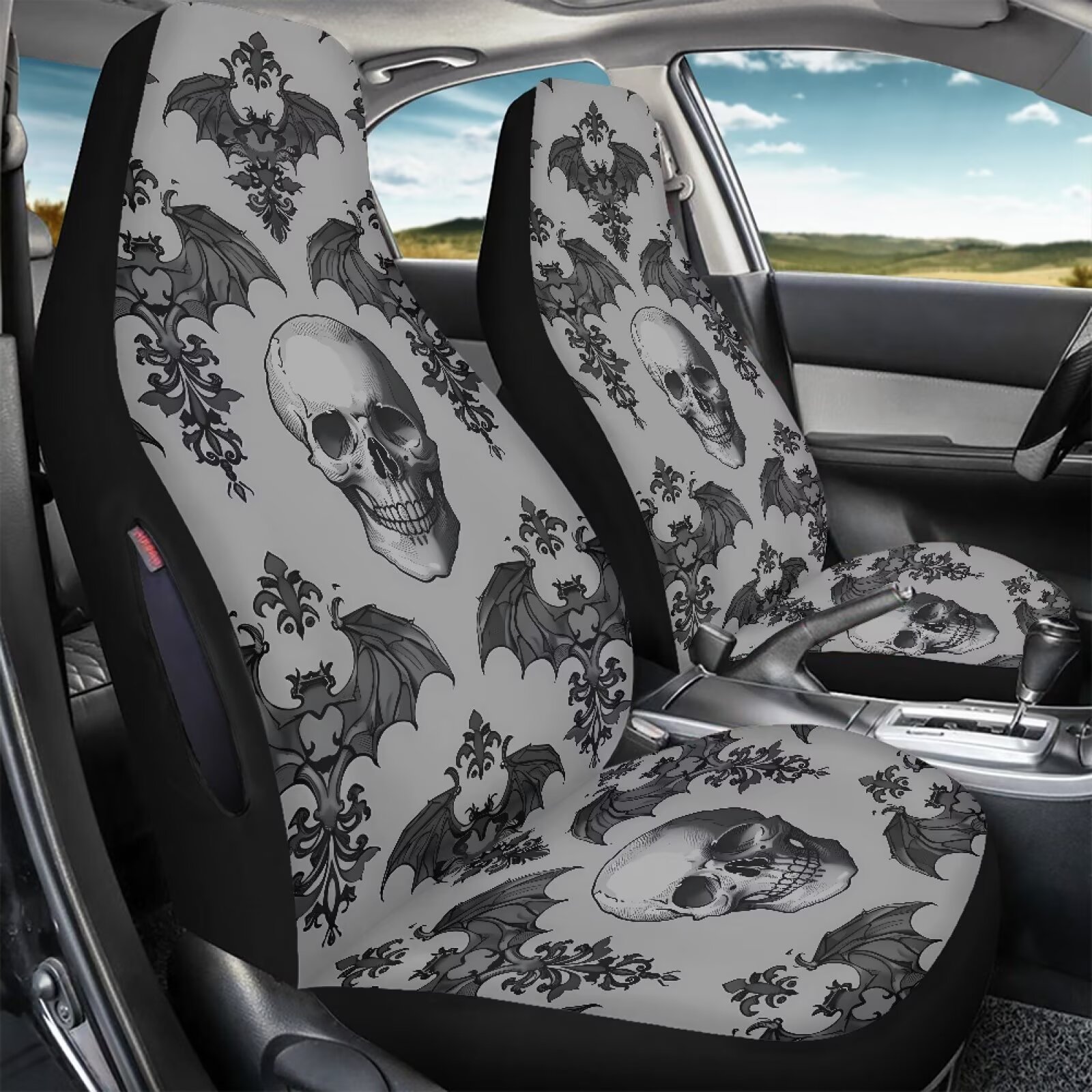 Binienty Skull Front Seat Covers for Cars Waterproof Grey Bats Automotive Seat Covers & Accessories for SUV Truck Sedan Van, Airbag Compatible Vehicle Bucket Cushion Cover, 2 Pack