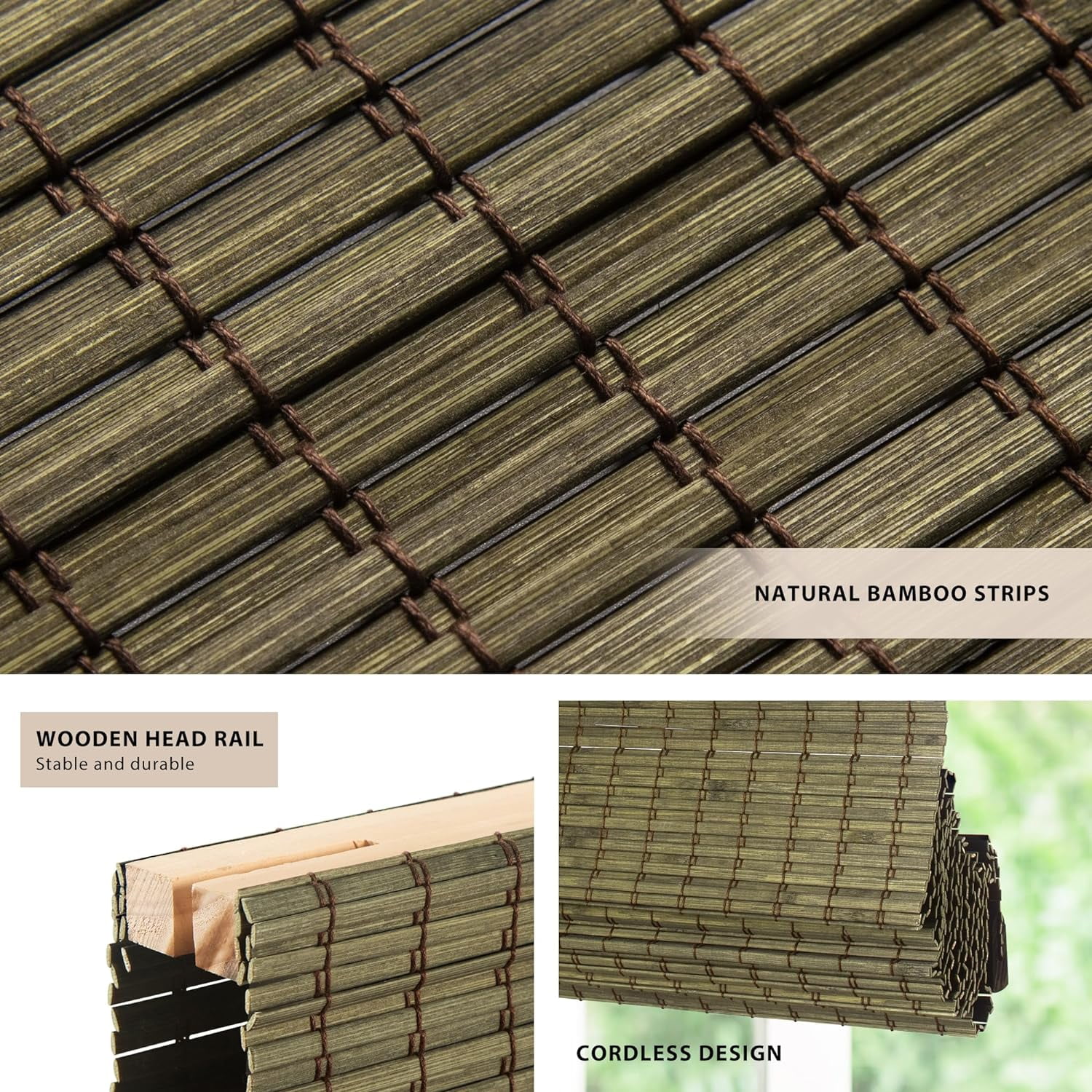 LazBlinds No Tools No Drill Cordless Bamboo Roman Shades, Privacy Window Treatment, Roll Up Bamboo Blinds for Window 20'' W x 64'' H, Driftwood