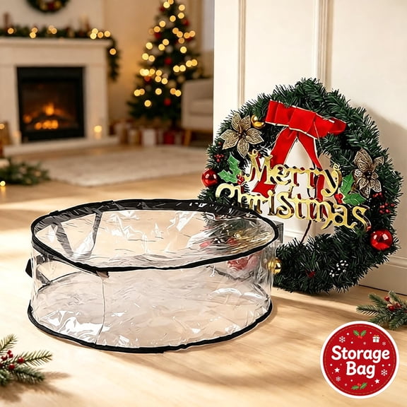 Wreath Storage Bag, Reinforced Handle Durable Zipper, Clear Transparent Dustproof Waterproof Shell, Organizer for Artificial Wreath, Holiday Garland, Christmas Door Decor, Seasonal Floral Ornaments