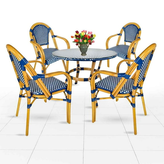 Blue and White French Bistro Set Includes 40" Table and 4 Chairs with Arms by Chivari