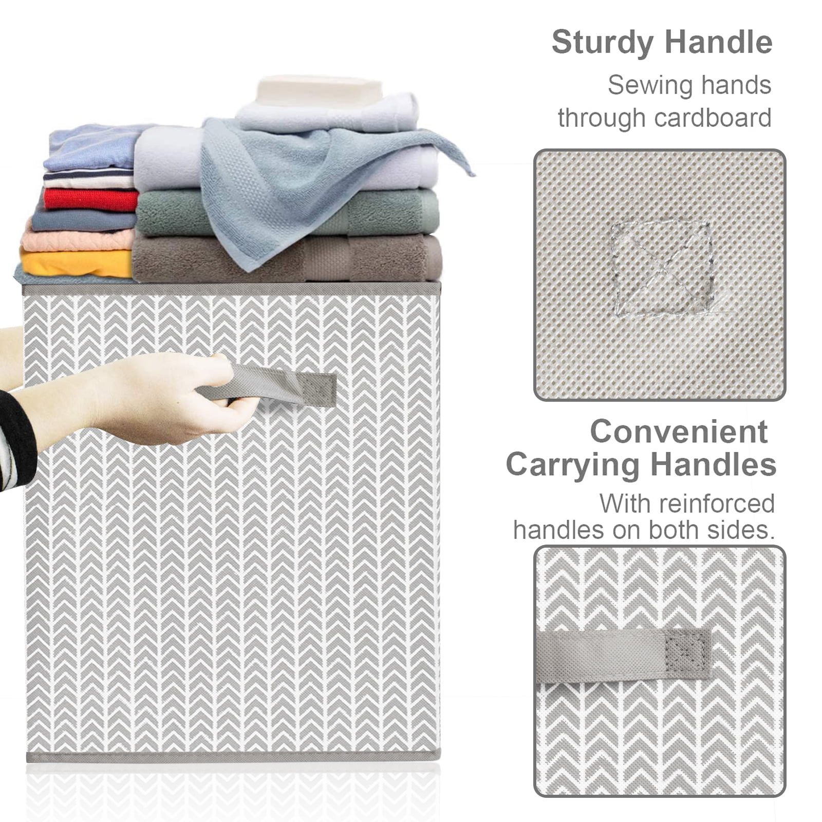 Large Toy Box Chest Organizer Bins for Boys Girls Kids, Collapsible Fabric Storage Basket Container with Flip-Top Lid & Handles for Clothes,Blanket,Nursery,Playroom,Bedroom, Herringbone Pattern(Gray)