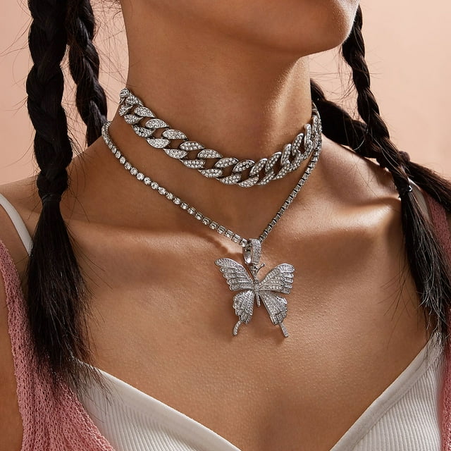 Cadena cubana Collar de mariposa para mujer Cristal de hielo Mariposa de circón