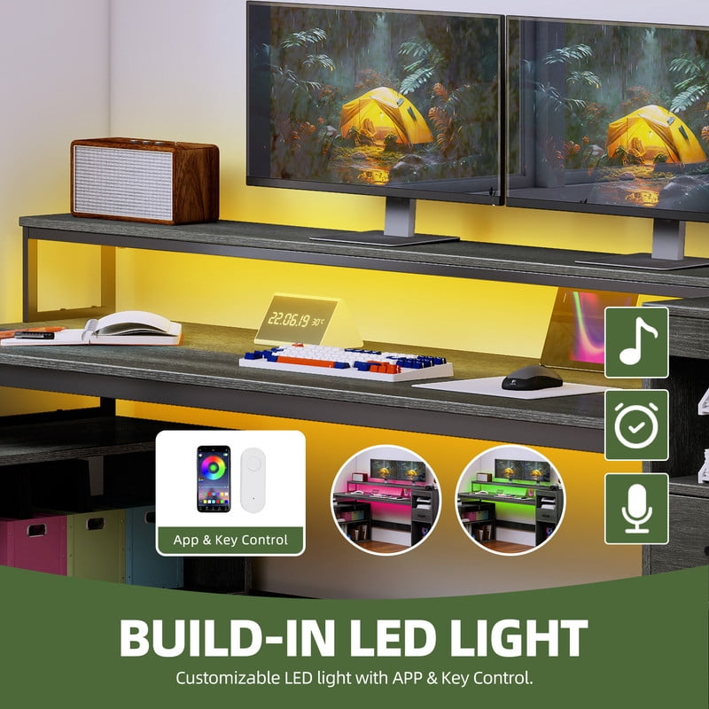 Uforic L Shaped Computer Desk, 59" Gaming Table with Power Outlet & LED Light & Monitor Stand for Home Office,Gray