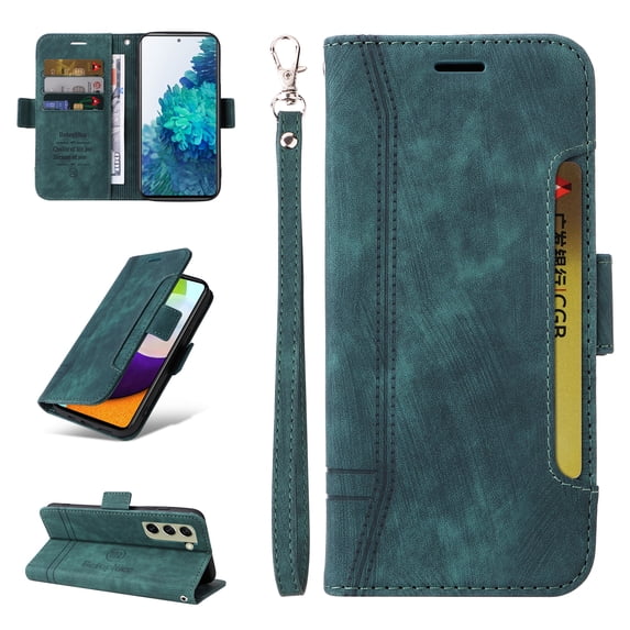 Allytech Case for Samsung Galaxy S21 FE 5G,PU Leather Wallet Cover with ID Credit Card Slots,Magnetic Buckle Flip Stand Shock Absorption Protective Phone Case + Wrist Strap,Green