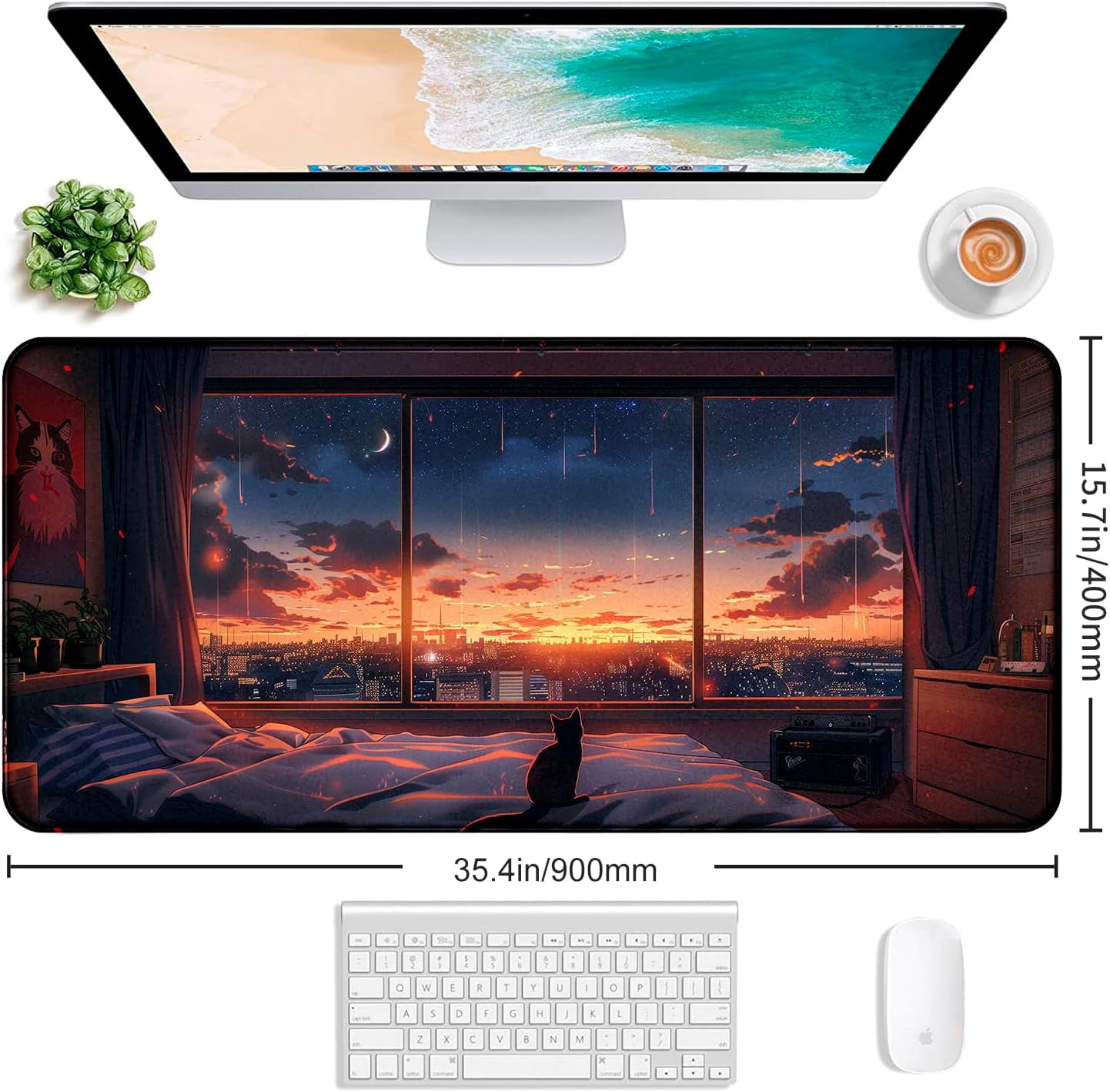Anime Cat Fantasy Window Mouse Pad, Summer Mouse Pad Large Healing Night Scene, Game Table Pad XL Office Decoration Women''s Laptop Keyboard Pad 35.4 x 15.7 x 0.12 Inches