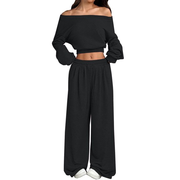 GILIGEGE Women's 2 Piece 2026 Fall Fashion Lounge Set Fall Fashion Long Sleeve Off Shoulder Crop Top Wide Leg Drawstring Pants Airport Outfit,Athleisure Workout Set,Casual Sweatsuit Black