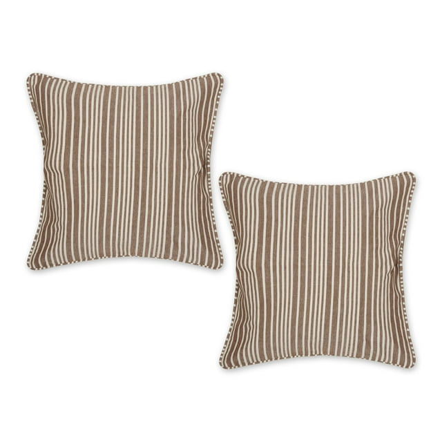 Funda De Almohada De Algodón Reciclado Con Rayas Chambray Marrón Cuero 18X18 Juego/2