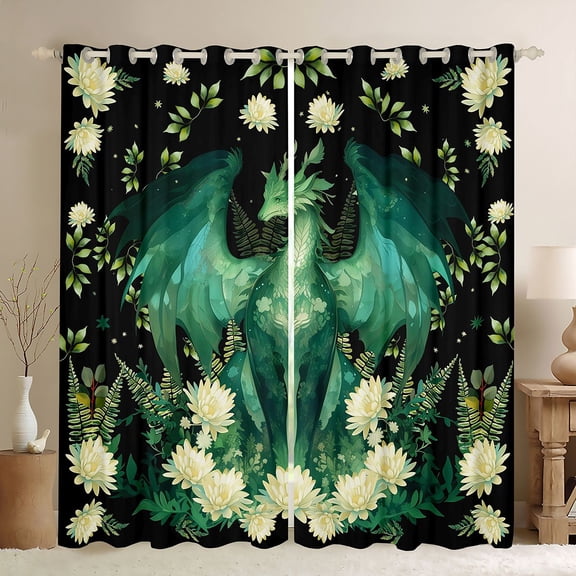 Castle Fairy Green Magical Dragon Black Out Curtains for Children Teens Adults,Chic Floral Flowers Curtains Pack of 2 (42x63 Each),Retro Vintage Aesthetic Bedroom Curtains,Lightweight Room Decor