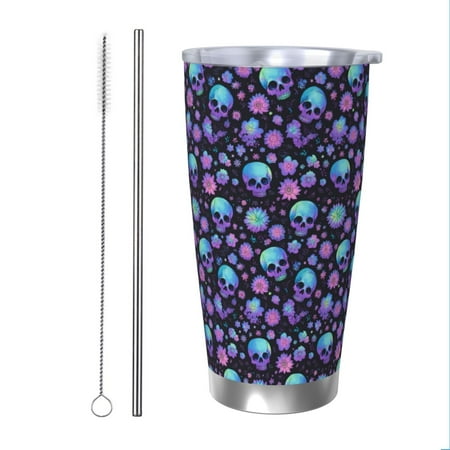 

Goofa purple Skull flower for 20 oz Skinny Tumbler Stainless Steel Coffee Mug Slim Vacuum Insulated Travel Cup Car Cup-Straw Two-piece Set