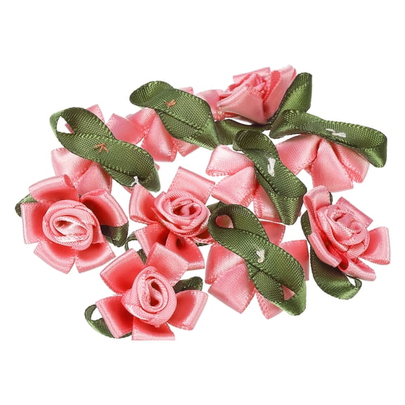 Uxcell Mini Satin Ribbon Roses Small Rosettes Fabric Flowers with Green Leaves Dusty Pink 10 Pcs