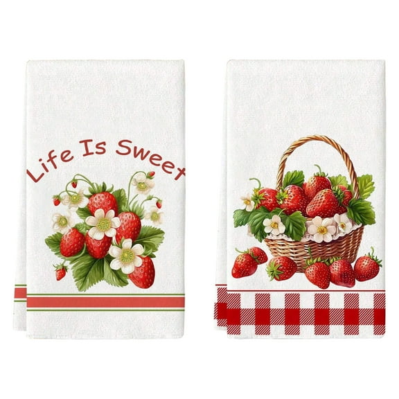 2pcs Strawberry Pattern Kitchen Towels, Soft & Absorbent Machine Washable Polyester Dishcloth, Perfect For Kitchen Decor, Cooking