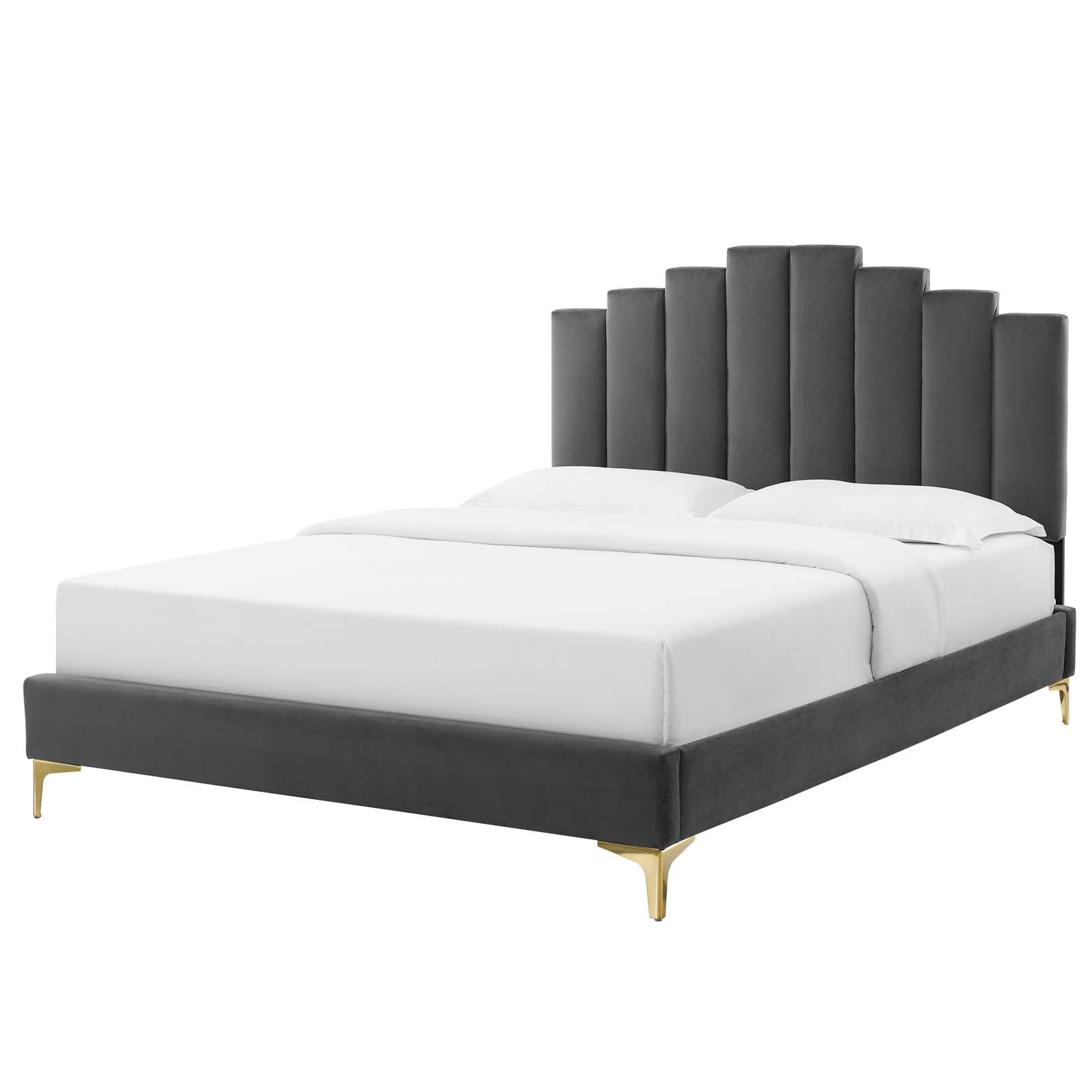 Platform Bed Frame, King Size, Velvet, Dark Grey Gray, Modern