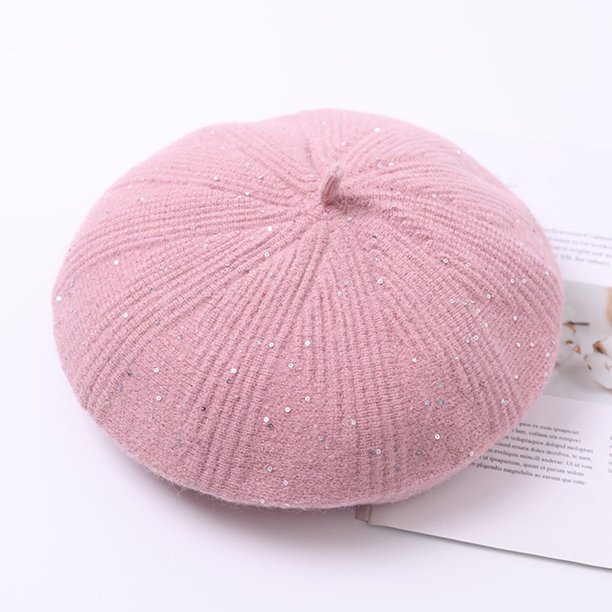 Women Beret Sequins Knitted Autumn Winter Brimless Shiny Hat