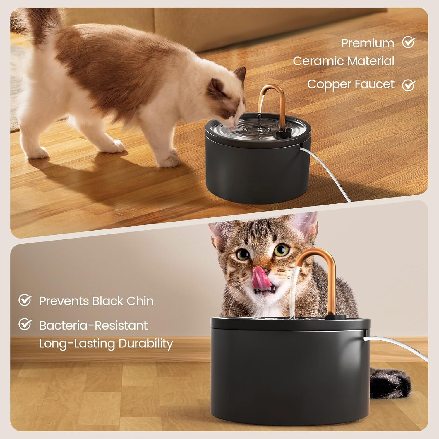 Ceramic Cat Water Fountain - 2.1L/71oz - All-Ceramic Body & Pure Copper Water Spout - Non-Toxic - Automatic Pet Drinking Fountain Indoor with Ultra-Quiet Pump, and 3Pcs Filter & Sponge