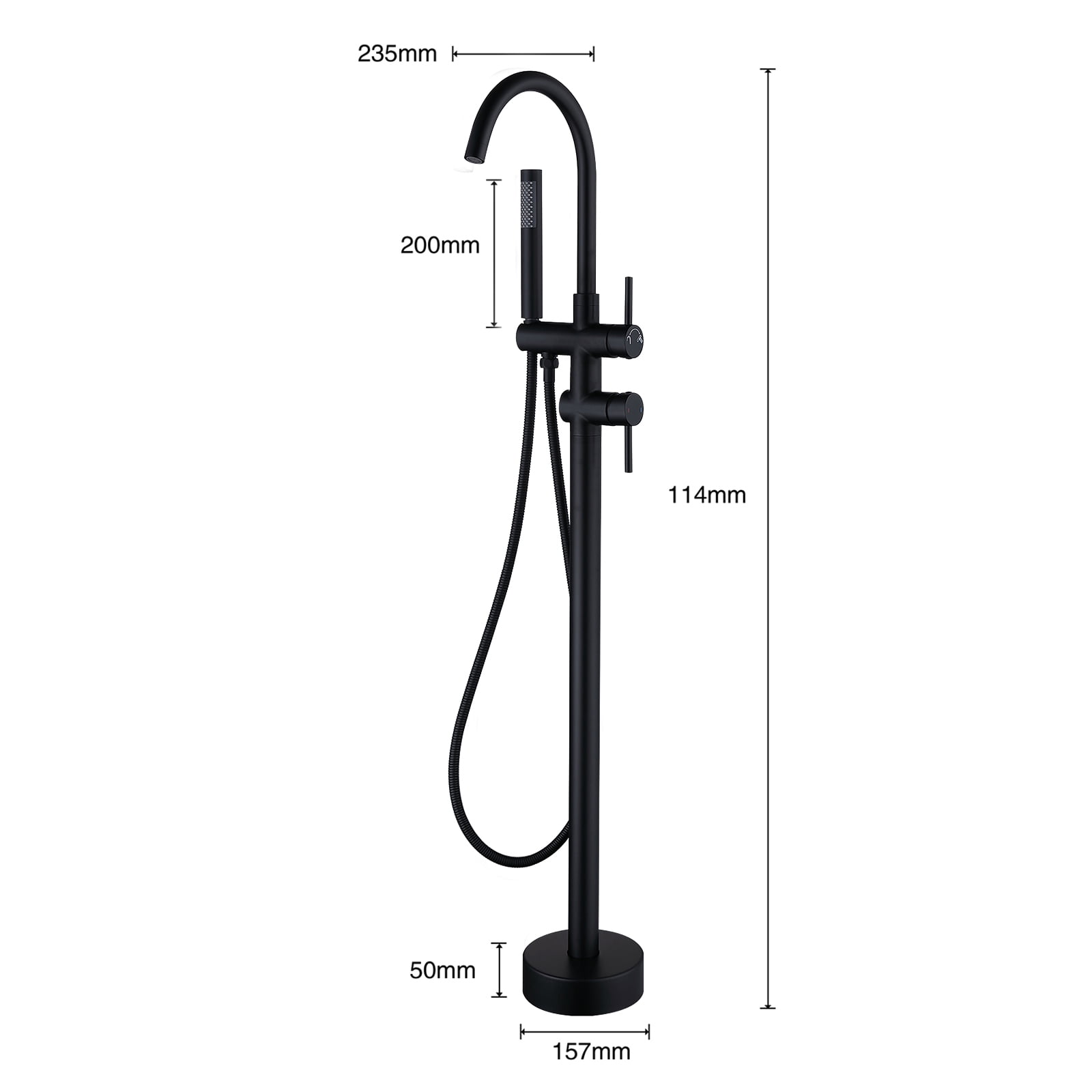 Dawot Floor Mount Bathtub Faucet, Matte Black Brass Bathroom Freestanding Tub Filler Single Handle Tub Spout, with Hand-held showerhead