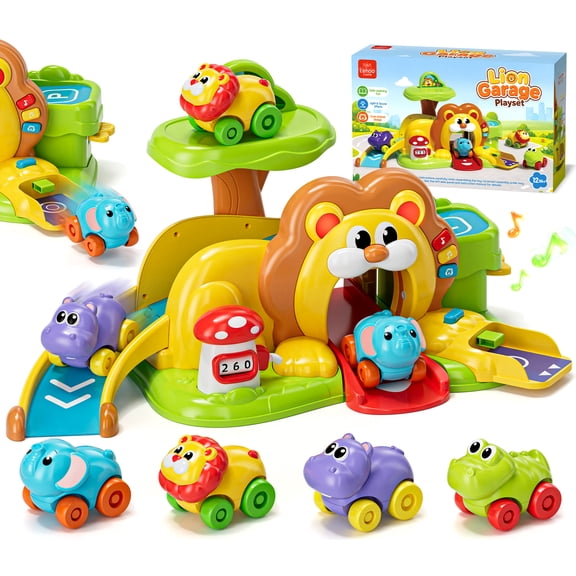KWANITHINK Car Toys for Toddlers 1-3, Interactive Car Playset with 4 Animal Cars, 7 Play Activities, Lights & Sounds, English & Spanish, Toddler Toys for 1 2 3 Year Old Boys Girls