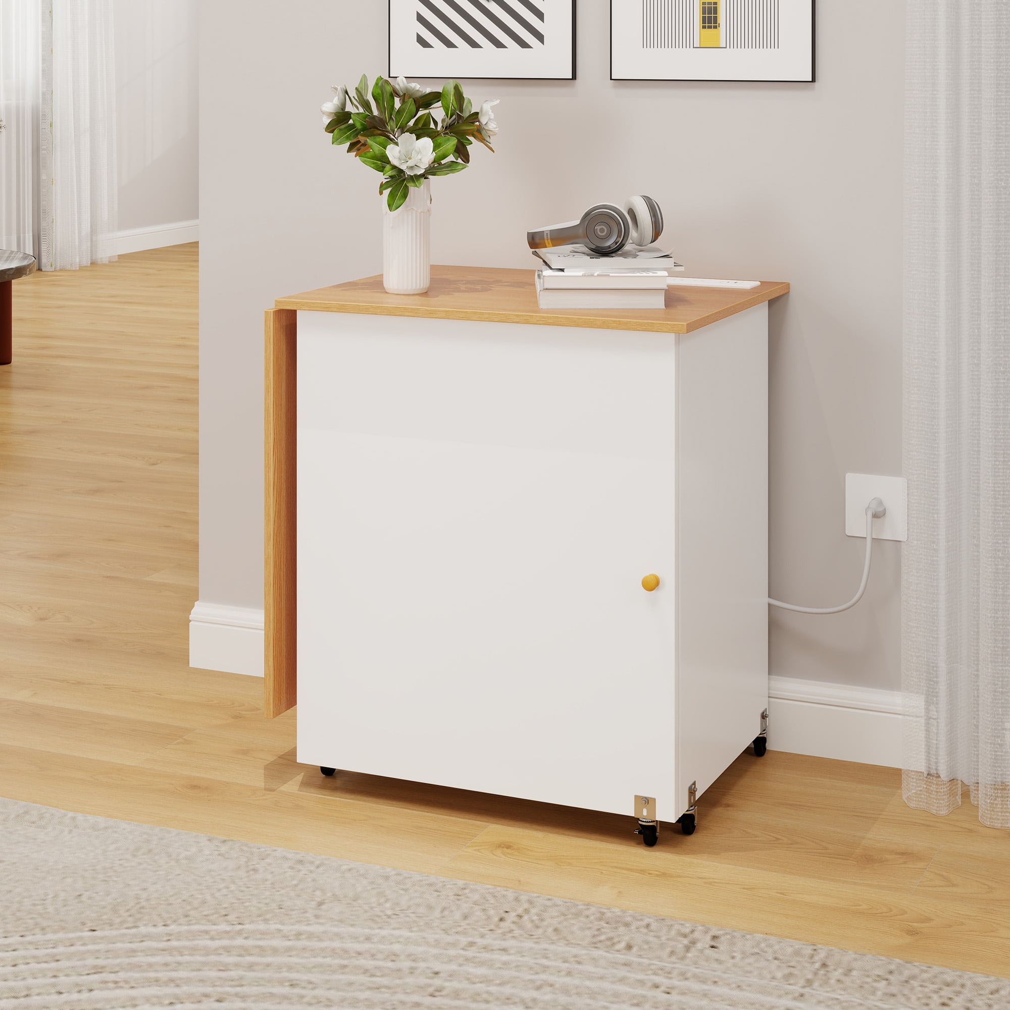 Craftian White Folding Sewing Craft Table with with Charging Station,Storage Shelves Cabinet Lockable Wheels