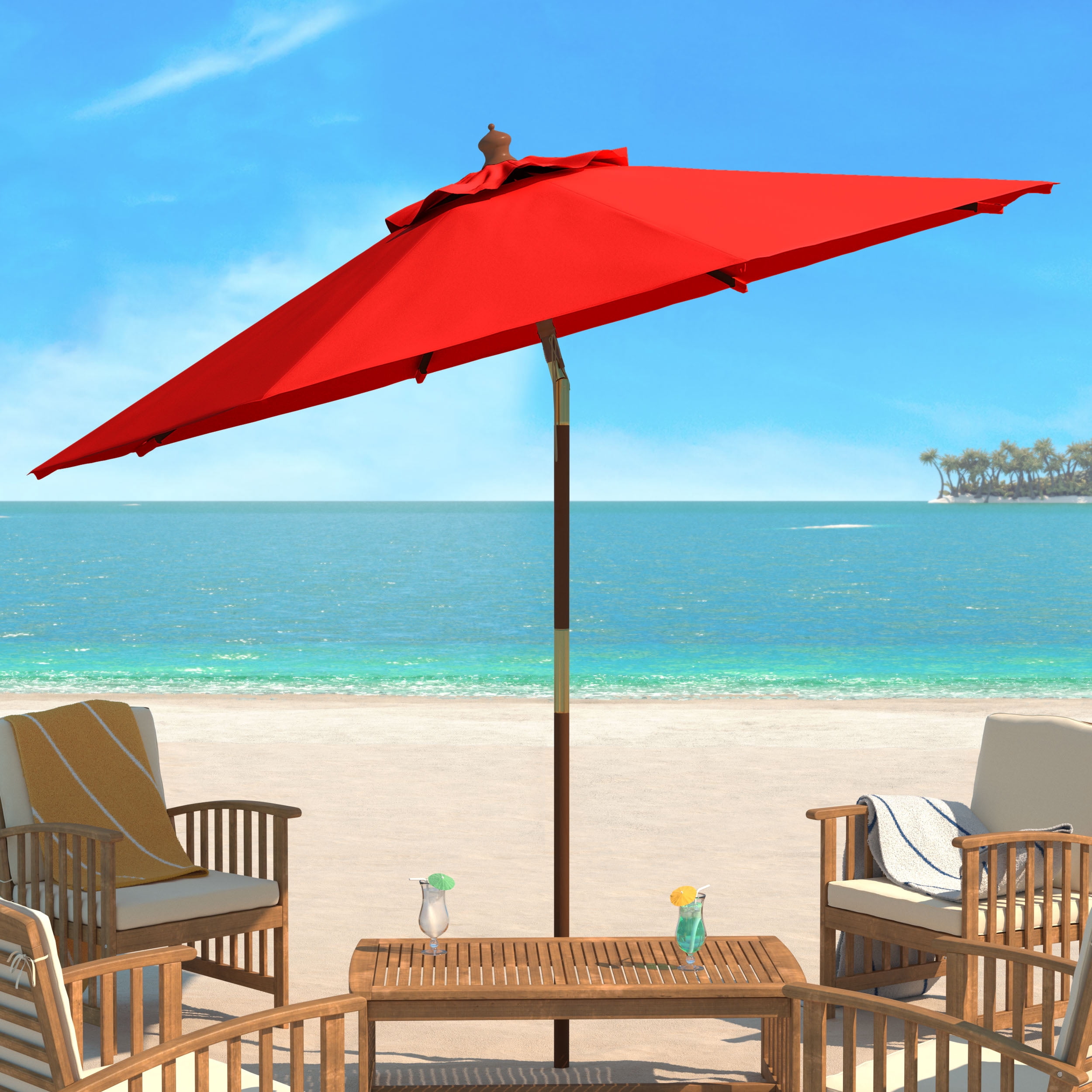 Safavieh Cannes 9' Market Push Wooden Patio Umbrella, Red
