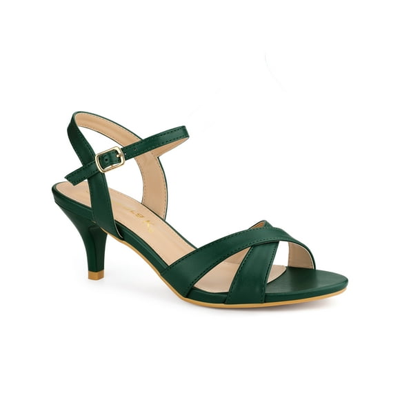 BLISSFUL STEP Sandales pour Femmes à Petit Talon, Bout Ouvert, Brides Croisées, Bride de Cheville Ajustable, Vert Foncé 8