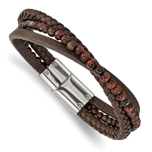 Primal Steel Stainless Steel Polished with Tiger's Eye Brown Leather 8.25 Inch Bracelet