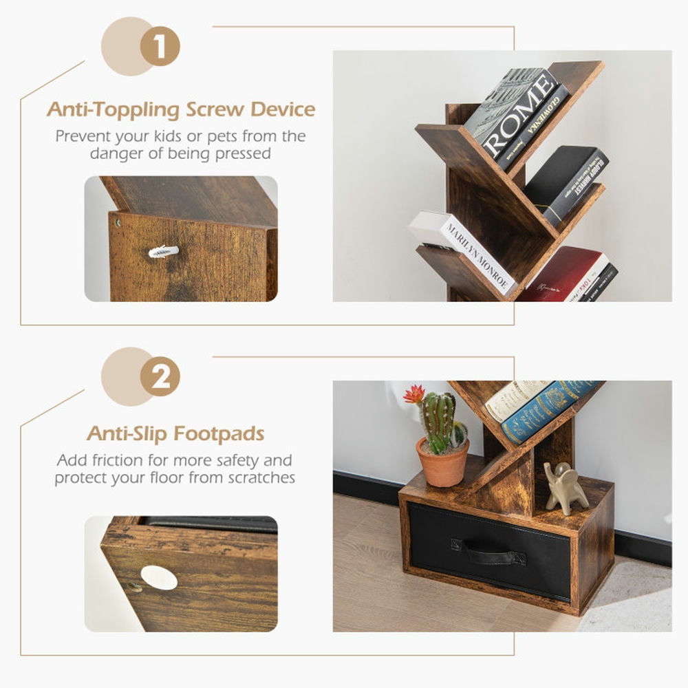 Demi Bonn 10-tier Tree Bookshelf with Drawer, Free-standing Storage Bookcase, Brown