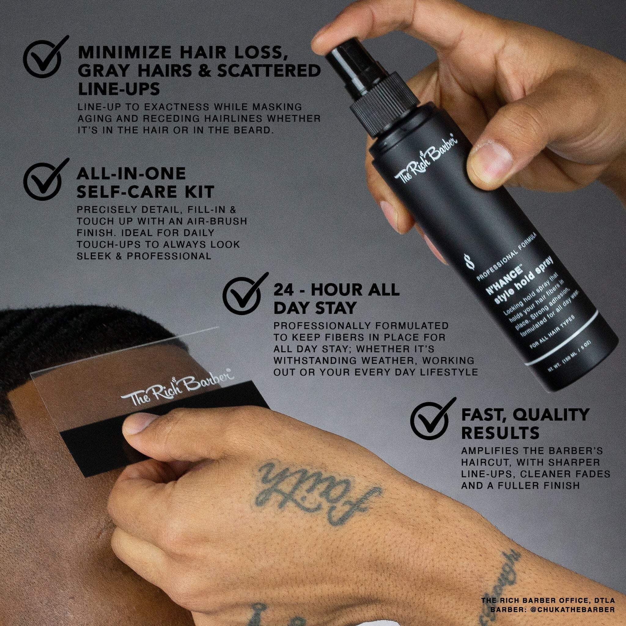 The Rich Barber N’Hance Hair Fibers, Hold Spray & Applicator Set | Natural Concealing Hair Thickening Fibers | Long-Lasting Wear For Sharper Hairlines, Thicker Beard, & Professional Styling (Black)