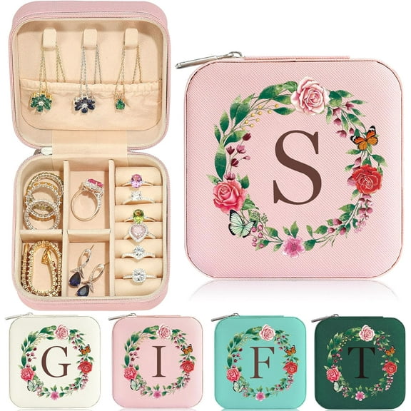 Travel Jewelry Case - Small Initial Jewelry Travel Organizer | Travel Jewelry Box Women Girl | Earring Necklace Organizer | Birthday Personalized Gifts Idea | Travel Essential - Letter S, Pi[Z2857]