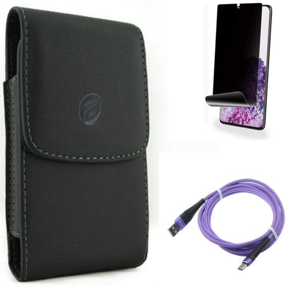 Case Belt Clip w 10ft USB Cable w Privacy Screen Protector for Samsung Galaxy S20 Plus - Leather Holster Cover, Purple Type-C Charger Cord, TPU Film [NOT GLASS] [Fingerprint fits Galaxy S20 Plus