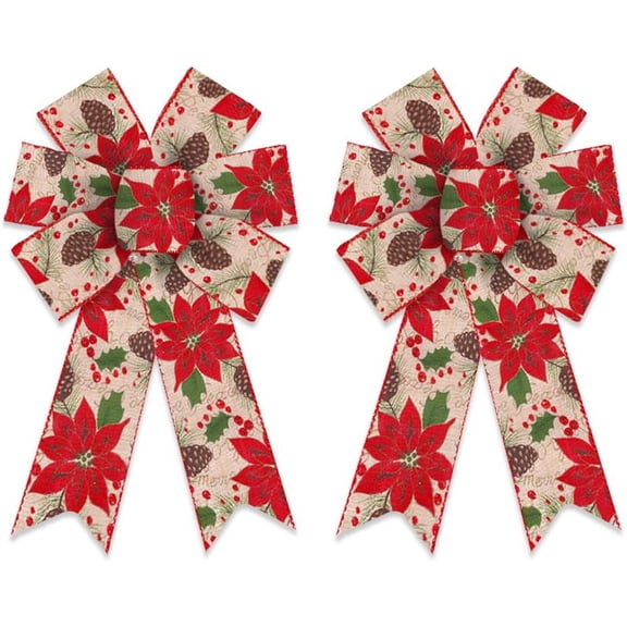 2 Pack Christmas Wreath Bows, Christmas  Flowers Pinecone Burlap Linen Bows for Wreath, Medium Tree Topper Ribbon Bow for New Year Home Indoor Outdoor Xmas Party Decoration Wreath Ornament Supplies