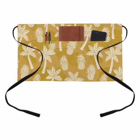 Palm Tree Pineapple Kitchen Restaurant Half Waist Apron, Coastal Tropical Mustard Yellow Botanical Server Short Apron with 3 Pockets Waterproof Oil Waist Aprons for Women Waitress Waiter