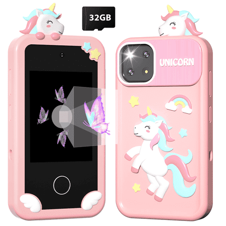 Merryhome Kids Smart Phone with Holographic Pyramid, 32G Card Christmas Birthday Gifts for Age 3-10 Kids Toys Cell Phone, 2.8" Touchscreen Toddler Learning Play Toy, Dual Camera, Music Player