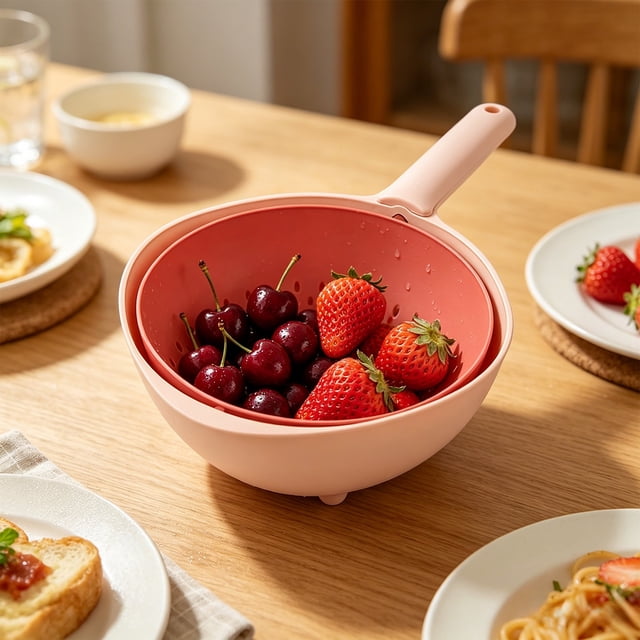 MTBLYS Colador giratorio de doble capa con asa, cesta de drenaje de plástico para lavar frutas y verduras en la cocina, colador de alimentos para pasta y verduras.