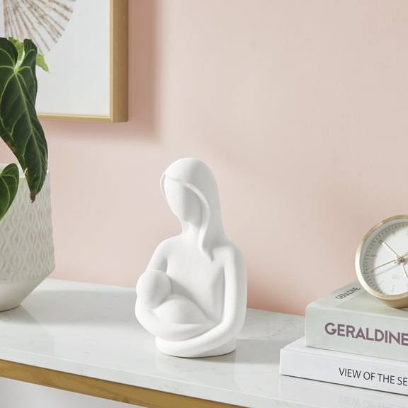 Hans White Abstract Mother Holding Baby Decorative Accent Matte Ceramic Sculpture Figure