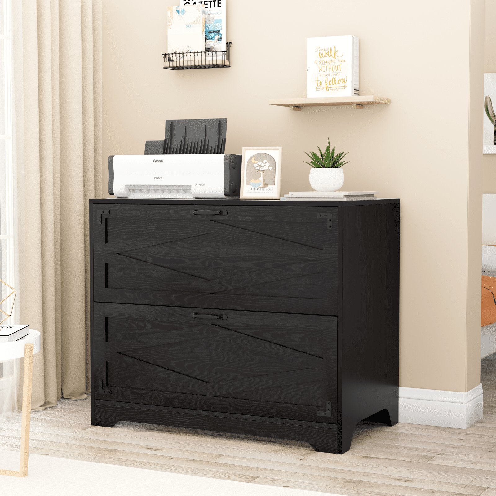 RichYa 2 Drawer Wood Lateral File Cabinet, Large Filing Cabinet for Home Office, Fits A4/Letter Size Files, Black