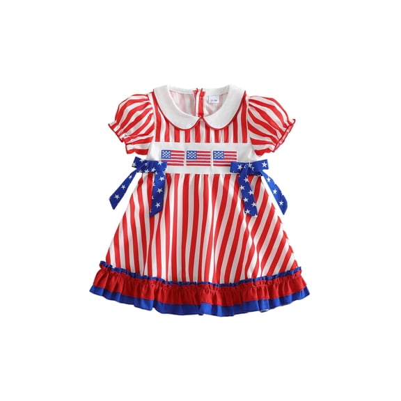 BemeyourBBs Toddler Baby Girl 4th of July Dress Outfit Little Baby Girl Patriot Independence Day Summer Dress Cute Star American Flag Embroidery Puff Short Sleeve Doll Collar Striped Bow Decor Dress