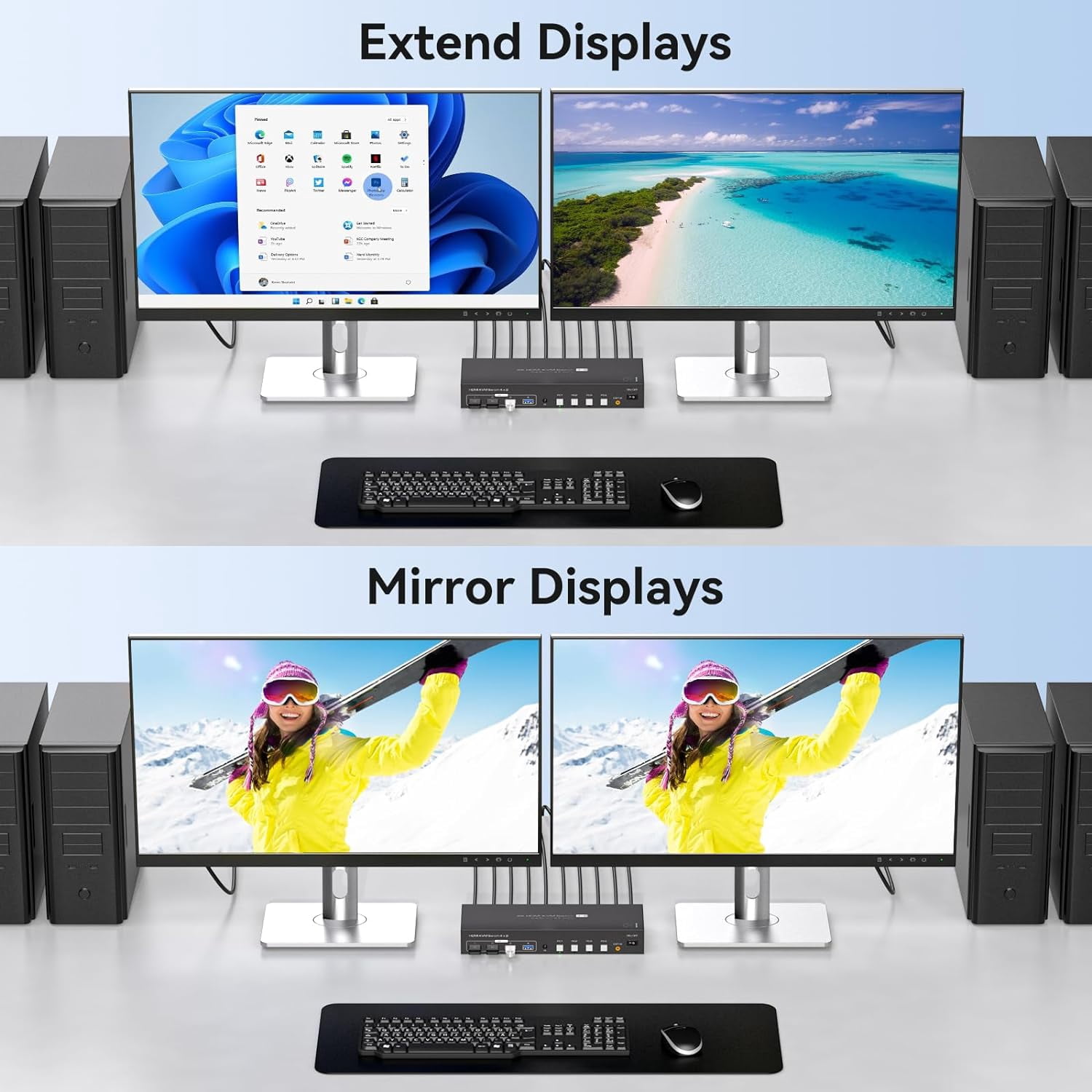 AUBEAMTO Dual Monitor HDMI KVM Switch 4 Computers 2 Monitors 4K@60Hz 2K@120Hz 4 Port KVM Switches for 4 PCs Share 2 Monitor and 4 USB 3.0 Devices with Remote,USB3.0 Cables and Power Adapter