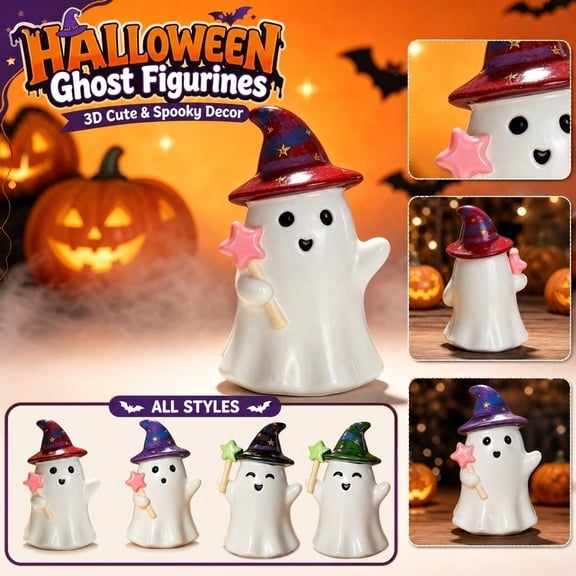 Halloween Ghost Decor Cute Ghost Figurine Pink Star Wand Witch Hat Ghost Decoration for Home Halloween Shelf Decor